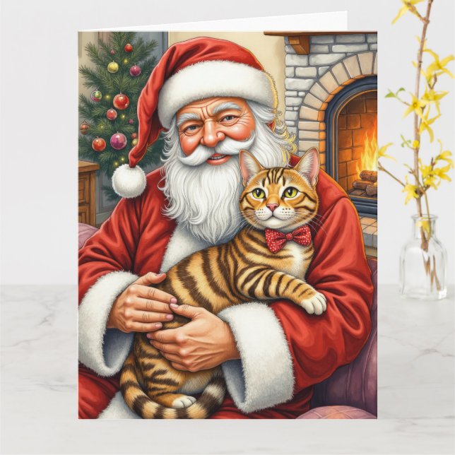 Cartão Santa Claus Holding Bengal Cat Christmas Art (Flor Amarela)