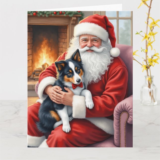 Cartão Santa Claus Holding Border Collie Christmas Art (Flor Amarela)