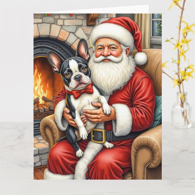 Cartão Santa Claus Holding Boston Terrier Christmas Art (Flor Amarela)