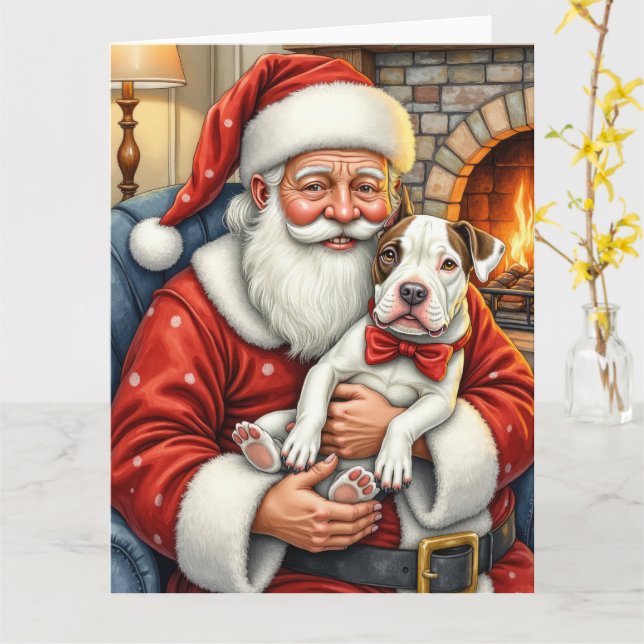 Cartão Santa Claus Holding Bull Terrier Christmas Art (Flor Amarela)