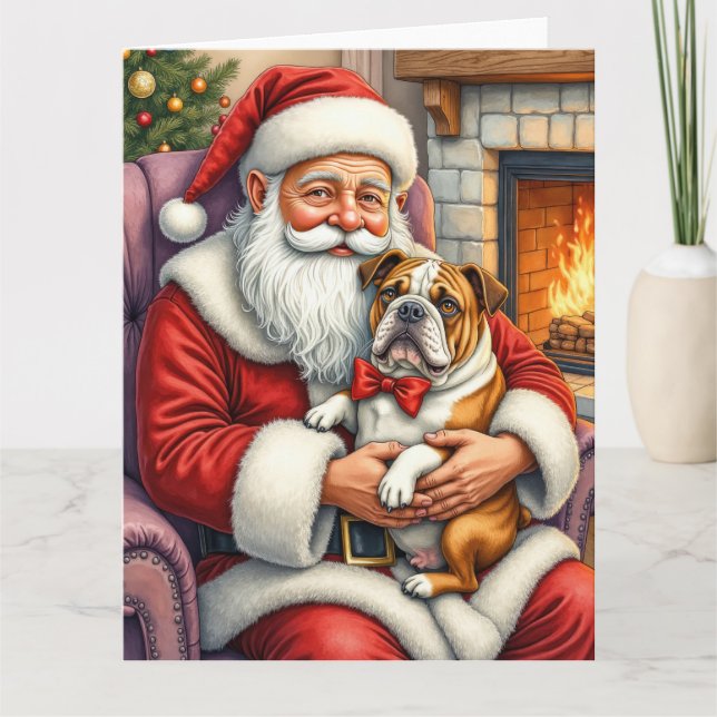 Cartão Santa Claus Holding Bulldog Christmas Art (Frente)