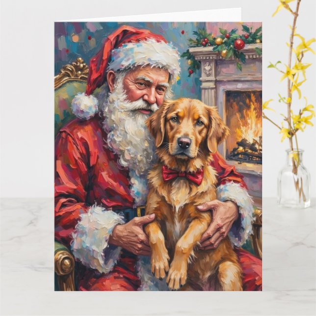 Cartão Santa Claus Holding Golden Retriever Christmas Art (Flor Amarela)