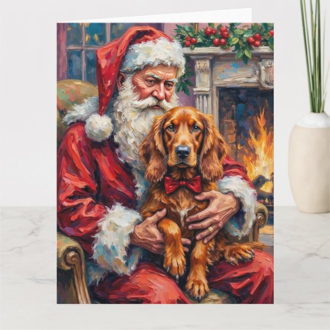 Cartão Santa Claus Holding Irish Red Setter Christmas Art (Frente)