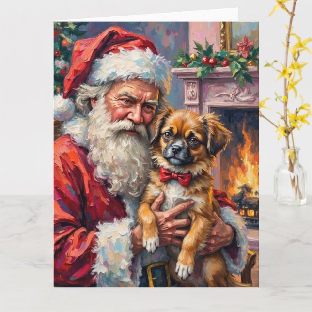 Cartão Santa Claus Holding Japanese Chin Christmas Art (Flor Amarela)