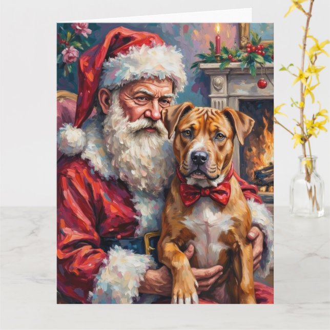Cartão Santa Claus Holding Pitbull Christmas Art (Flor Amarela)