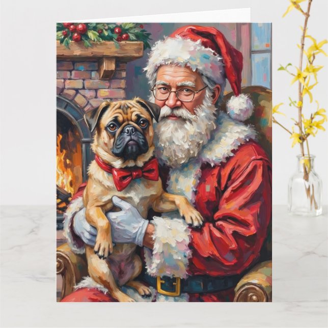 Cartão Santa Claus Holding Pug Christmas Art (Flor Amarela)