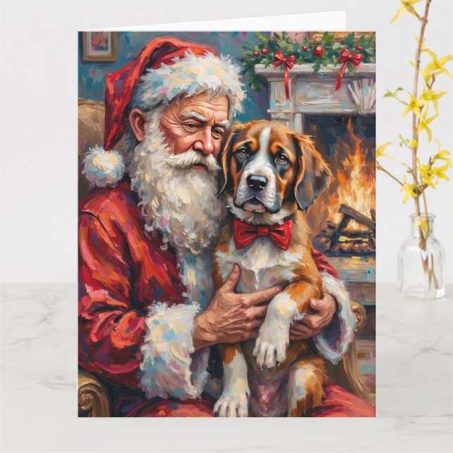 Cartão Santa Claus Holding Saint Bernard Christmas Art (Flor Amarela)