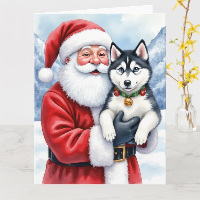 Cartão Santa Claus Holding Siberian Husky Christmas Art (Flor Amarela)