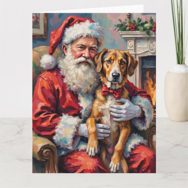 Cartão Santa Claus Holding Wolfhound Christmas Art (Frente)
