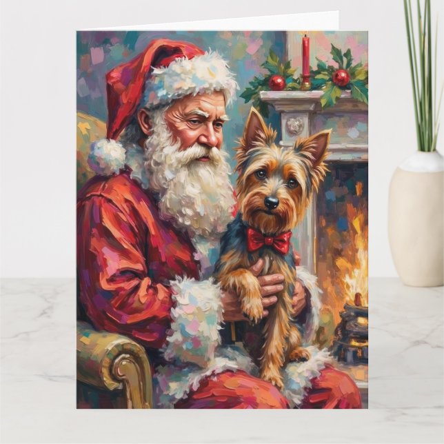 Cartão Santa Claus Holding Yorkshire Terrier Christmas  (Frente)
