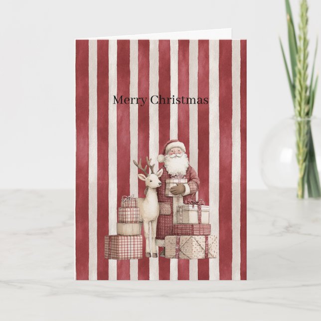 Cartão Santa Deer Gifts Red Cream Stripes Christmas    (Frente)