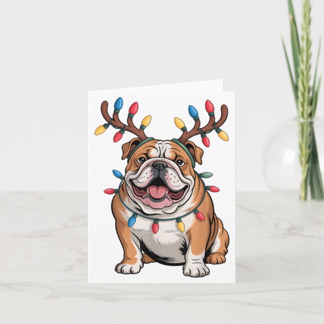 Cartão Santa English Bulldog Reindeer Light Christmas  (Frente)