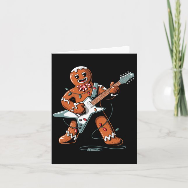 Cartão Santa Gingerbread Playing Guitar Funny Christmas P (Frente)