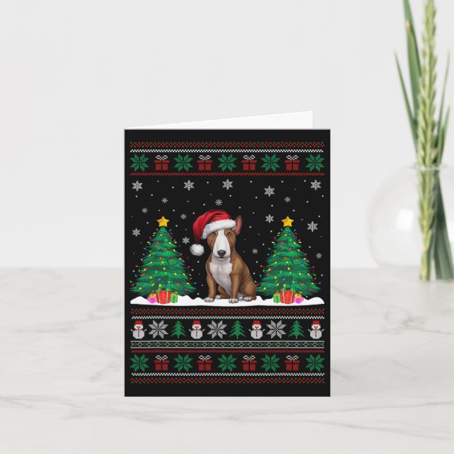 Cartão Santa Hat Bull Terrier Dog Xmas Tree Luzes Feias (Frente)