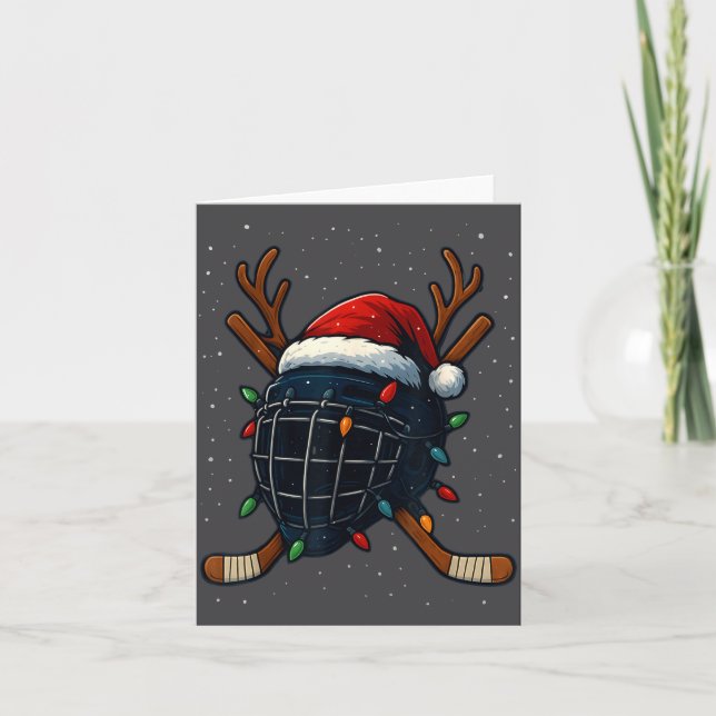 Cartão Santa Hat Christmas Ice Hockey Helmet Player Reind (Frente)