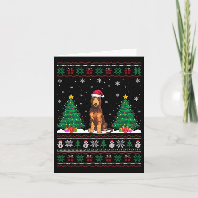 Cartão Santa Hat Irish Wolfhound Dog Xmas Tree Lights Ugl (Frente)