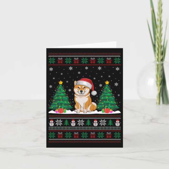 Cartão Santa Hat Shiba Inu Cachorro Árvore de Natal Luzes (Frente)