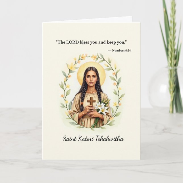 Cartão Santa Kateri Tekakwitha Paz e Bênçãos de Deus (Frente)