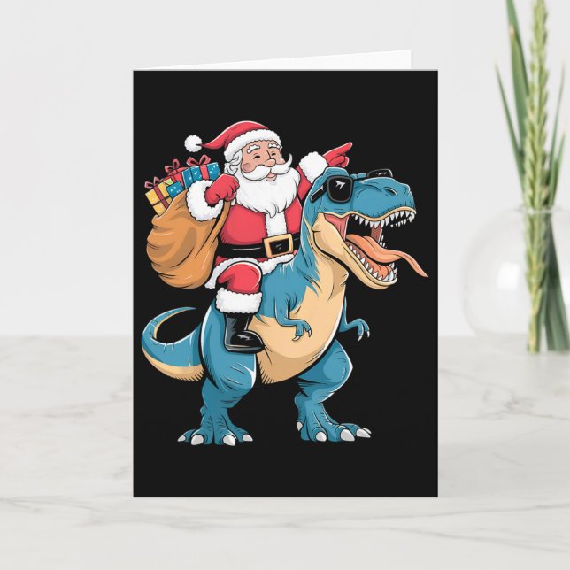 Cartão Santa Riding Dinosaur T Rex Christmas Boys Men Gir (Frente)