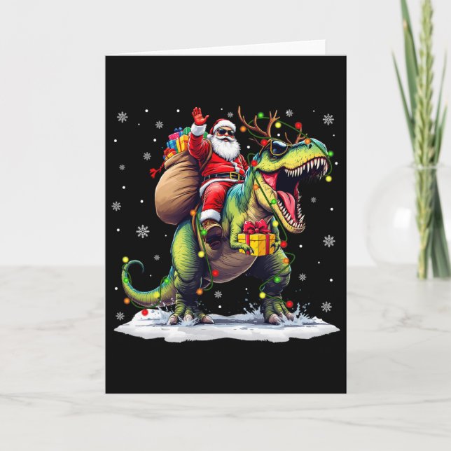 Cartão Santa Riding Dinosaur T Rex Christmas Boys Men Xma (Frente)