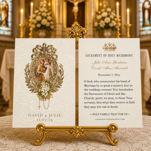 Cartão Santo Dourado Floral Católico de Casamento (Criador carregado)