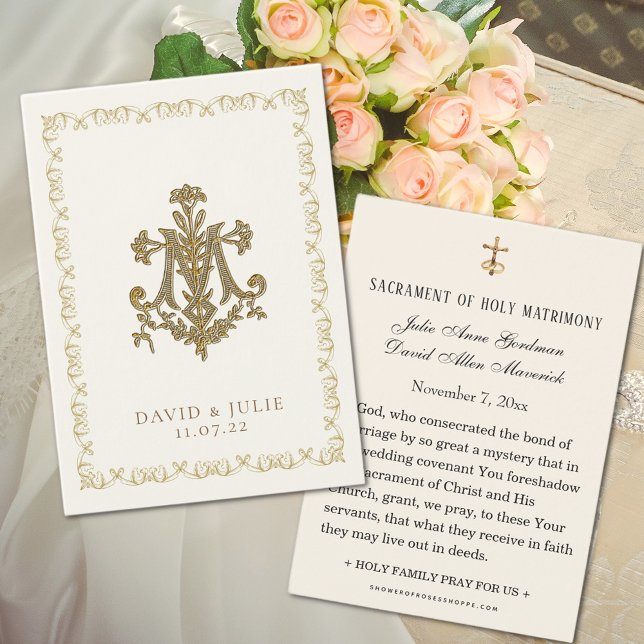 Cartão Santo Floral de Casamento Cruz Mariana (Easy to personalize Marian Cross wedding prayer cards)