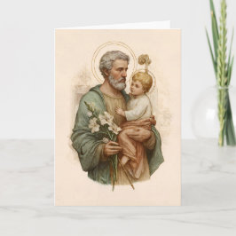 Cartão São José segurando o Menino Jesus e Lírios
