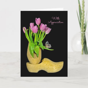 Cartão Sapatos de madeira holandeses e tulipas obrigado
