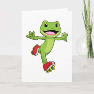 Cartão Sapo como patinador inline com patins de rolimã