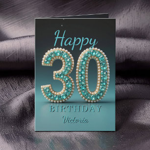 Cartão Saudação de 30º Aniversário Teal Pearl Diamond Gla