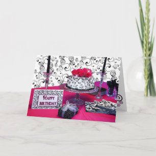 Cartão Saudação de Aniversário - Bolo com Flores Fuchsia/