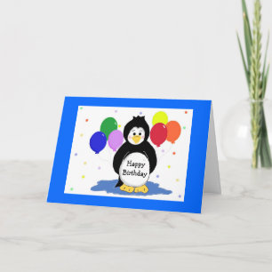 Cartão Saudação de Aniversário com Pinguins e Balões