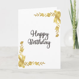 Cartão Saudação de Aniversário Feliz e Dourado Floral