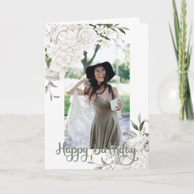 Cartão Saudação de Aniversário Floral Branco Personalizad (Frente)