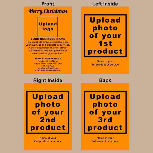 Cartão Saudação de Cor Laranja de Natal Comercial (Orange color Christmas folded greeting card with your business brand and products or services.)