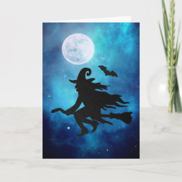 Cartão Saudação de Halloween de Bruxa Voadora