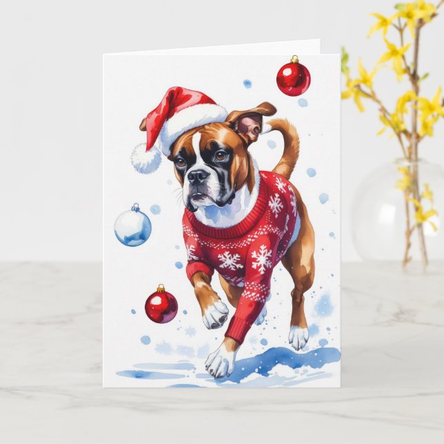 Cartão Saudação de Natal do Cão Boxer (Flor Amarela)