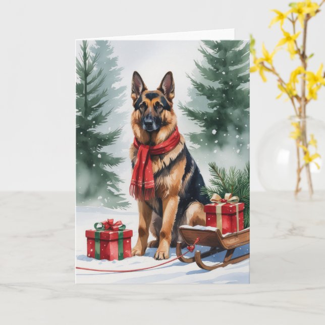 Cartão Saudação de Natal para Cachorro german shepherd (Flor Amarela)