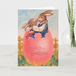 Cartão Saudação de Páscoa Vitoriana Antiga Dois Coelhos s