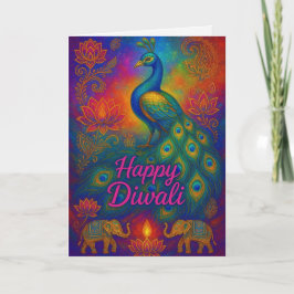 Cartão Saudação Vibrant Peacock & Lotus Happy Diwali