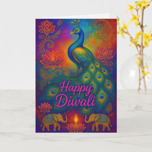 Cartão Saudação Vibrant Peacock & Lotus Happy Diwali (Flor Amarela)