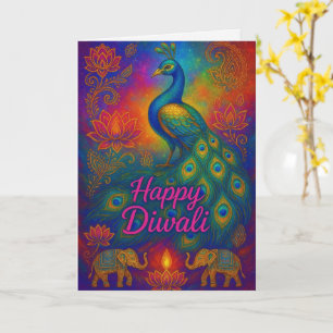 Cartão Saudação Vibrant Peacock & Lotus Happy Diwali