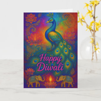 Cartão Saudação Vibrant Peacock & Lotus Happy Diwali