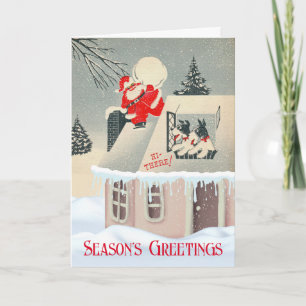 Cartão Saudações da Época com Papais noeis e Fox Terriers