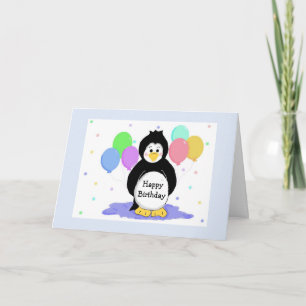 Cartão Saudações de Aniversário com Pinguins e Balões