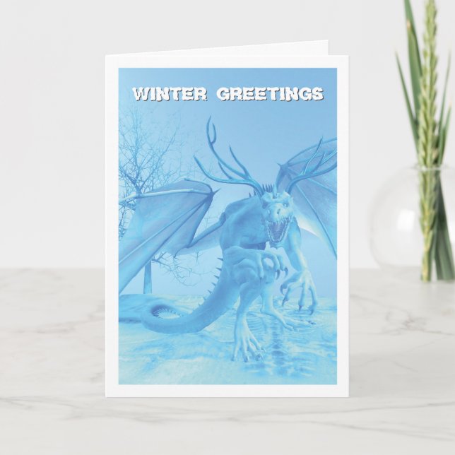 Cartão Saudações de Inverno. Dragão de gelo com chifres (Frente)