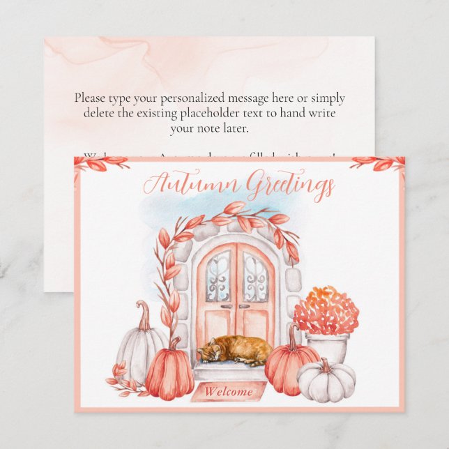 Cartão Saudações de outono, Gato na Porta, Pumpkins (Frente/Verso)