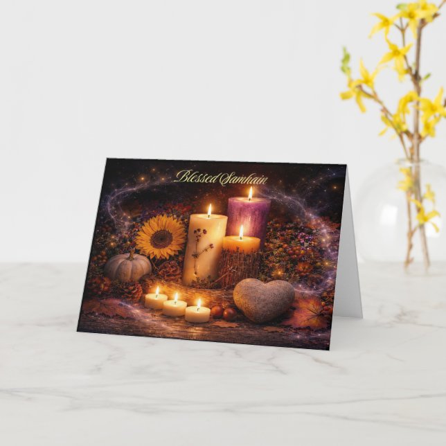 Cartão Saudações de Samhain com Ervas Coração Velas (Flor Amarela)