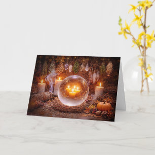 Cartão Saudações de Samhain com Velas Ervas Cristais 