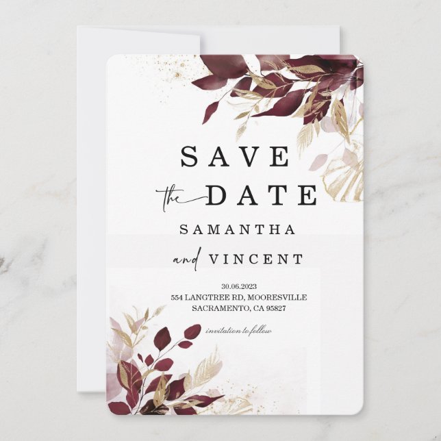 Cartão Save the Date dourado e burgundy (Frente)